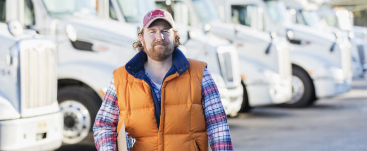 Man standing in front of semi-truck fleet