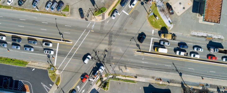 Aerial view of busy intersection